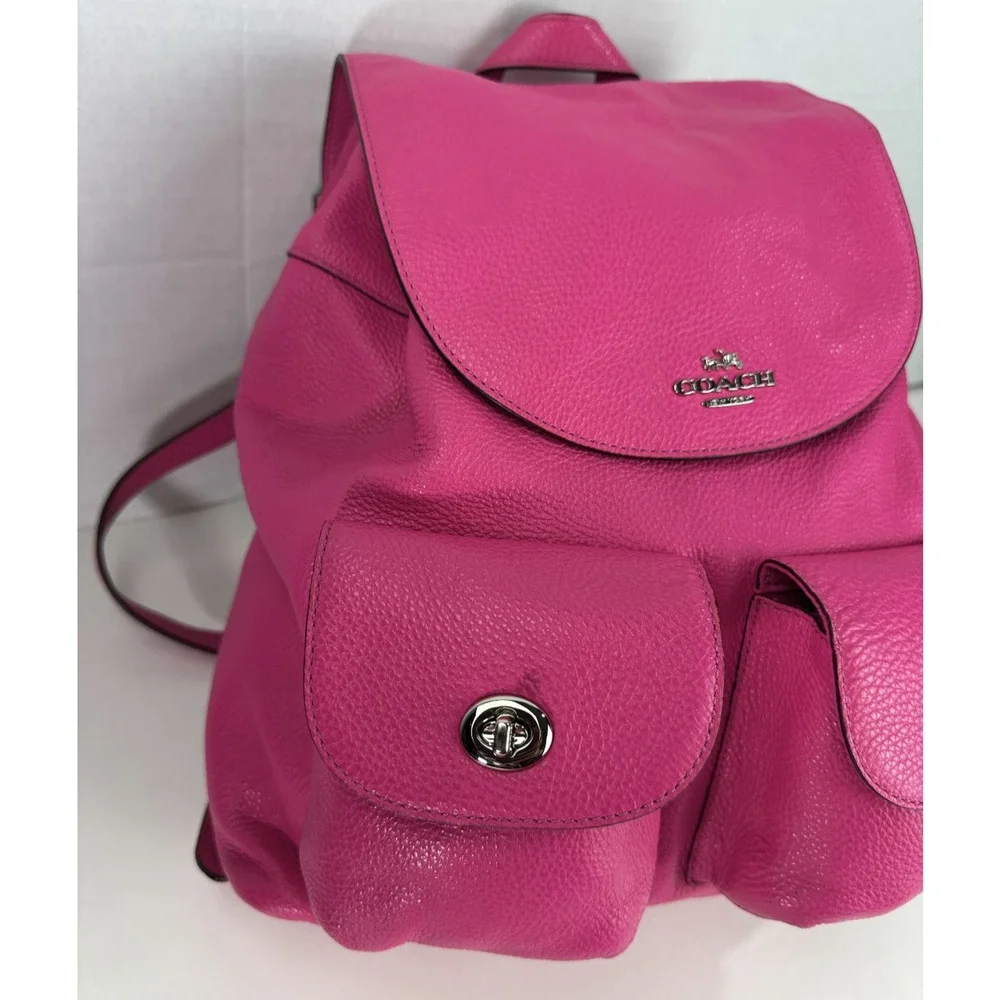 Coach Billie Pebbled Leather Backpack Purse Hot Pink Bag Turnlock Pockets - Picture 2 of 16